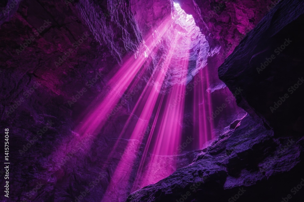 Poster purple light beams illuminate a deep cave, creating a mystical and ethereal atmosphere.
