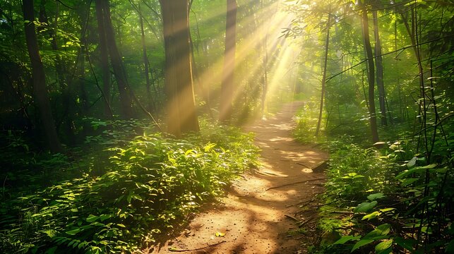Sunbeams shining through trees onto a tranquil forest path. Lush green foliage and warm light create a serene, hopeful natural landscape scene. Journey concept.
