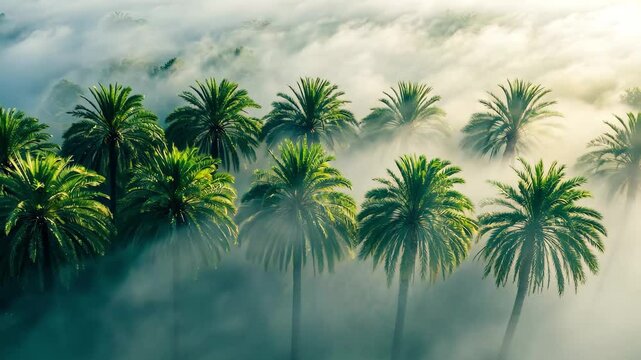 Morning mist envelops a tranquil row of palm trees in an aerial view, Aerial shot of a row of palm trees in thick morning fog