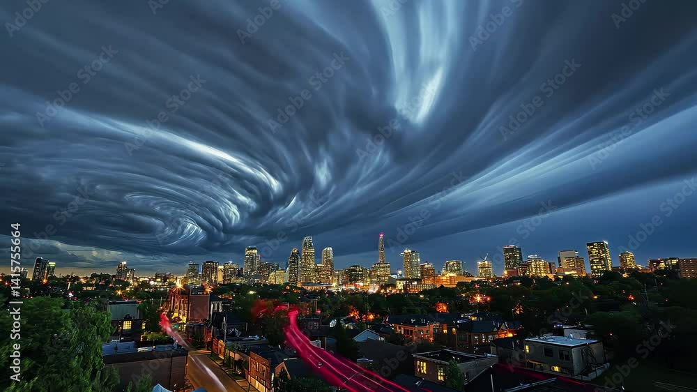 Poster Dynamic cycle of clouds swirling above urban skyline in time lapse view, The cloudy cyclone above the city time lapse