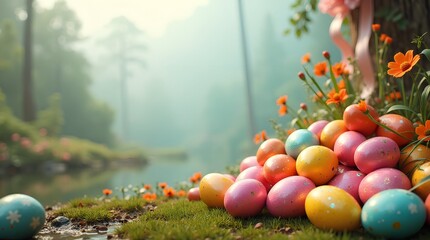 Colorful Easter Eggs and Easter bunnies or rabbits with space for text and copy. Plain background, Easter theme background, Easter social media posts Facebook, Instagram, TikTok, X