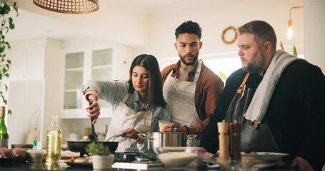 Couple, learning and cooking with chef in kitchen with meal prepare, teaching skill and hospitality industry. People, instructor and food instructions of culinary lesson, nutrition process and dinner