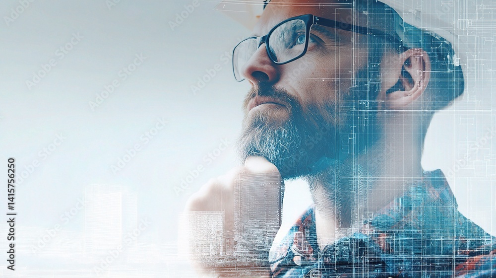 Poster thoughtful engineer contemplating over blueprints and skyline concepts