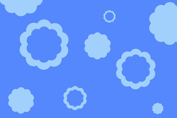 Floating light blue clouds against a bright blue background create a whimsical and cheerful atmosphere in this playful design