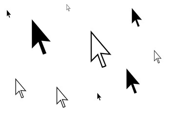 Multiple black cursor arrows scattered across a white background, representing digital navigation and user interaction in technology