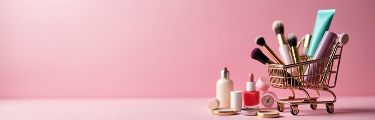 Cosmetic products shopping cart on pink background. Makeup brushes, lipstick, cream, nail polish. Beauty products shopping online. Flat lay, top view, copy space for advertisement. Beauty, fashion