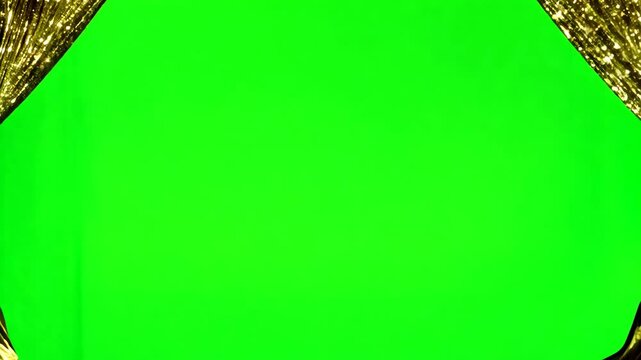 Gold glitter curtains opening on green chromakey background. Show time opening curtain motion picture. Stage performance glitter curtain backdrop video footage.