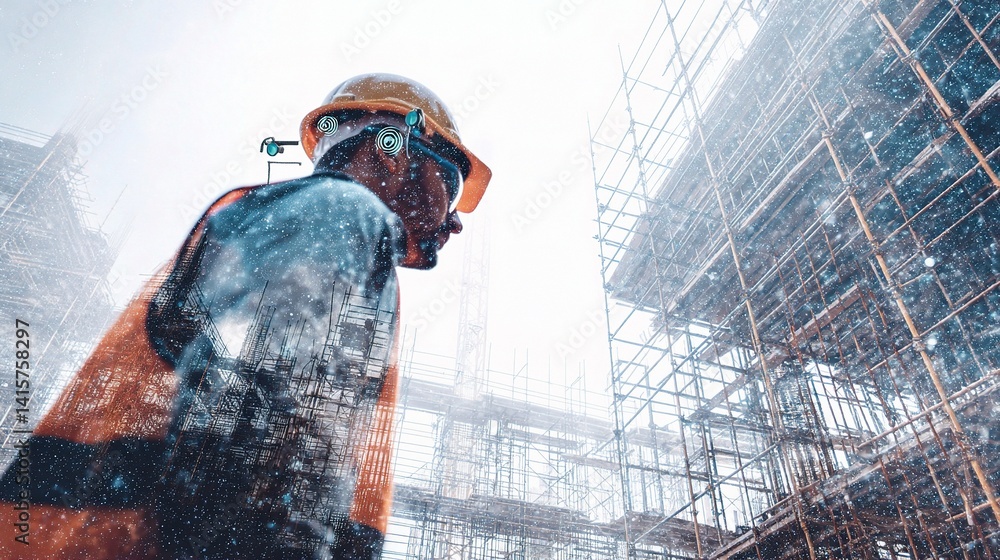 Poster 3d model of construction site with smart sensors in busy urban area