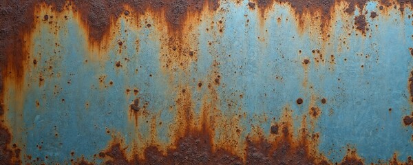 Close-up of rusted metal surface with blue tint. Texture features brown rust spots on blue background. Grunge, weathered, aged metallic surface perfect for industrial, abstract designs.