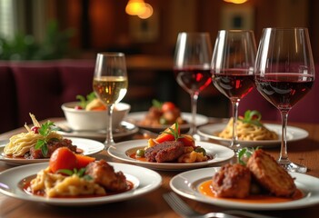 elegant wine glasses displaying food pairings gourmet dishes delicate presentation flavors colors table setting, elegance, meal, appetizer, cheese, fruit