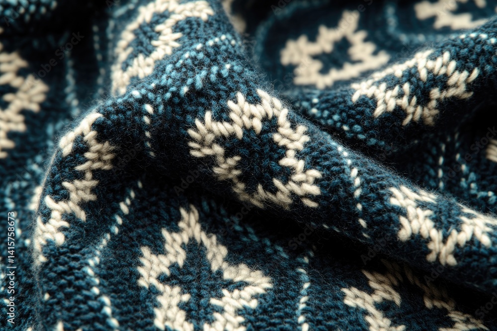 Poster close-up of teal knitted fabric with a snowflake pattern, showcasing texture and detail.