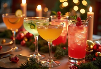colorful holiday cocktails festive table setting bright drinks celebration festivity tableware decorations cucumber lemon martini mimosa grapefruit sparkler, bevera