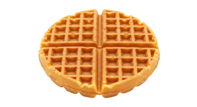 A single round waffle with a grid pattern isolated against a black background in a close up shot