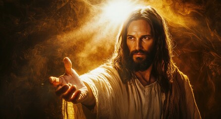 Jesus Christ reaching out with a compassionate gesture, illuminated by heavenly golden light. Ideal for spiritual messages, Easter visuals, and Christian encouragement themes
