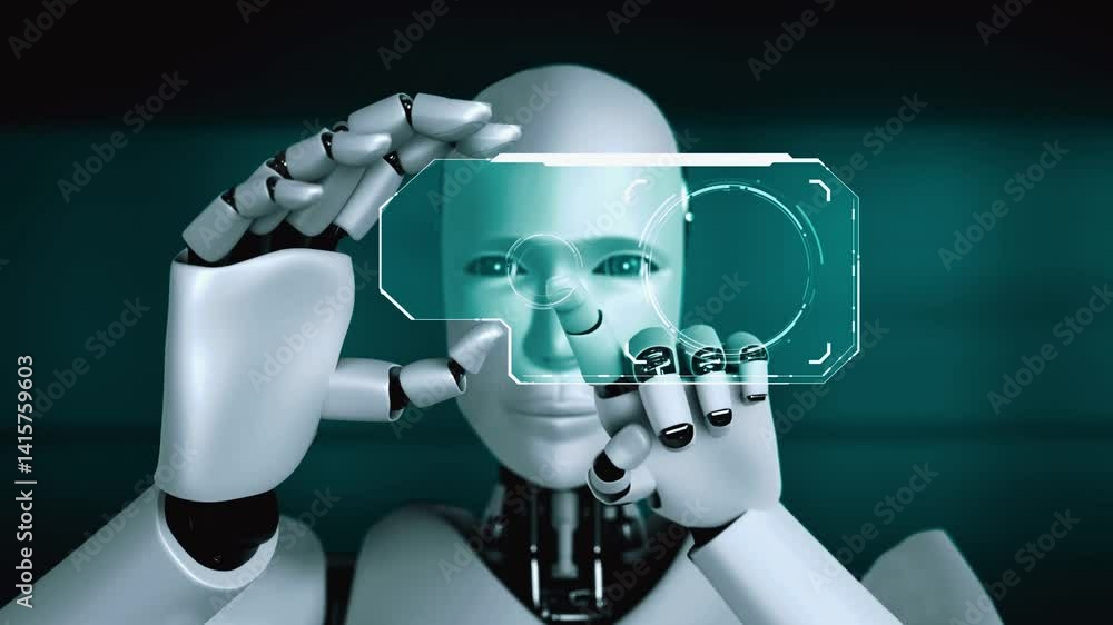 Poster robot hominoid hold hud hologram screen in concept of ai thinking brain, artificial intelligence and