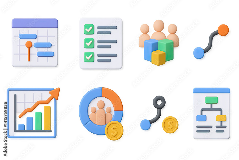 Poster project management 3d icons set: workflow, charts, team, and tasks collection