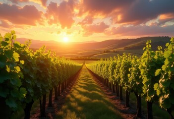 Fototapeta premium vibrant vineyards sunset golden sky grapevines fields scenic landscape nature beauty, wine, light, cloud, scenery, hill, fruit, plantation, agriculture