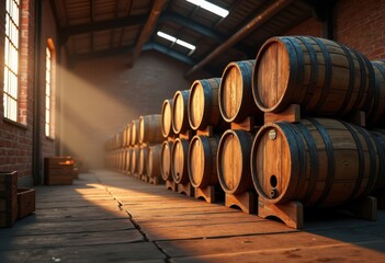 rustic craft beer barrels stacked industrial warehouse interior dim lighting raw elements, wood, storage, keg, brewery, architecture, grain, metal, design