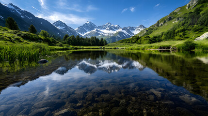 Obraz premium A serene and clear mountain lake reflecting the snow-capped peaks and alpine meadows in the distance.
