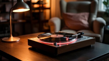 Cozy room with vinyl player under a lamp, creating a perfect vintage music atmosphere.