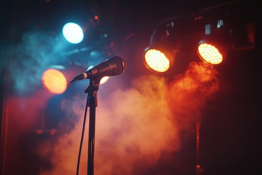 A single microphone on a stand, bathed in colorful stage lighting and smoke, ready for a performance.