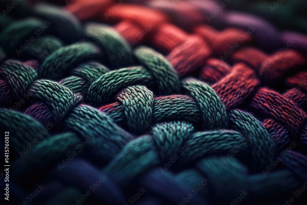 Poster intricate woven texture of teal, purple, and red threads creating a complex and visually appealing p