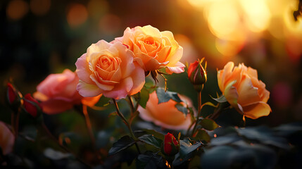 A serene garden scene with blooming roses in shades of orange, pink, and yellow, their petals shining brightly in the summer sun.