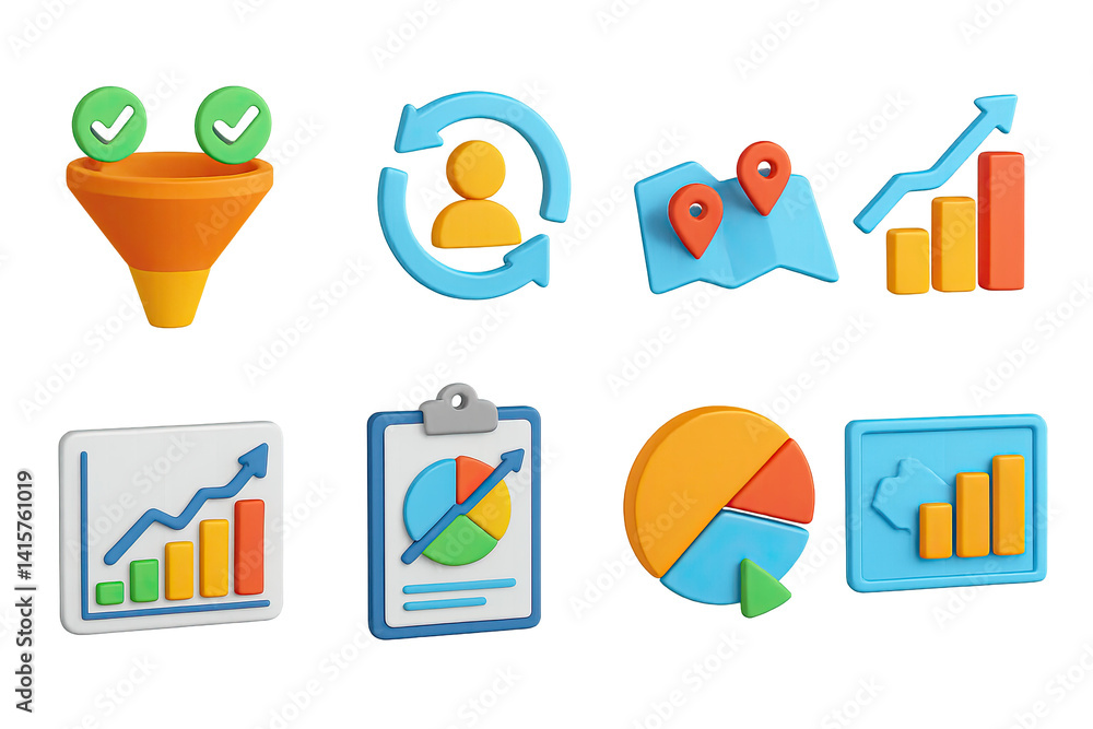 Aufkleber 3d data analytics icons set: visualization, charts, and maps for business insights