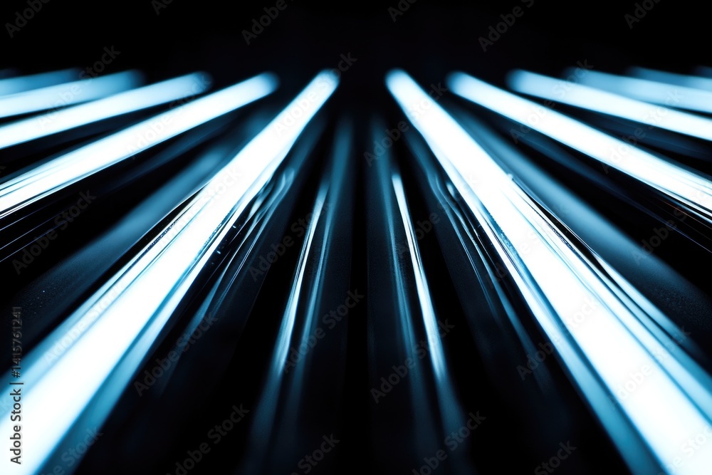 Aufkleber converging fluorescent tubes create a dynamic, abstract light pattern in a dark space.