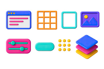 3D icon set of wireframe design: web layout, grid lines, frame box, placeholder image, UX elements, wire button, drag icon, layout layers.