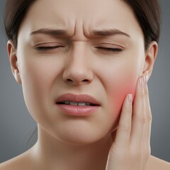 Obraz premium Realistic close-up portrait of woman with dental pain and inflamed cheek isolated on white background