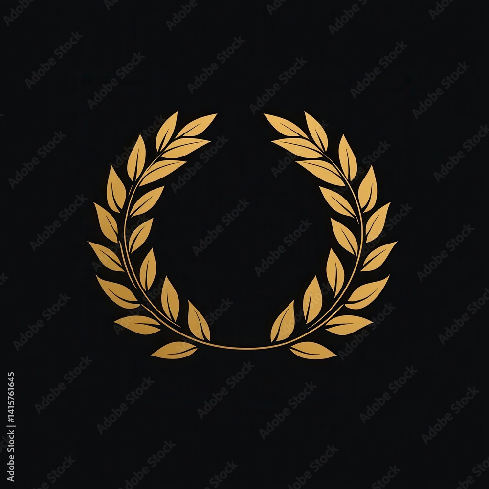 Poster abstract logo design featuring a circular arrangement of golden laurel leaves on a dark green backgr