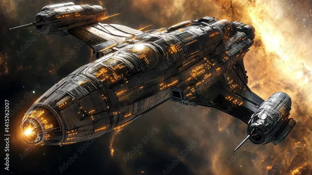 Poster spaceship travels through mesmerizing star fields in the depths of an expansive galaxy, space 2032: 