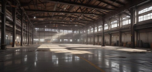 Spacious industrial interior, high ceilings, exposed beams and ducts, industrial space, industrial, building
