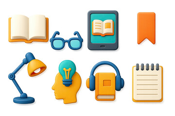 3D icon set of reading and learning: open book, reading glasses, tablet eBook, bookmark, study lamp, knowledge icon, audio book, notepad.