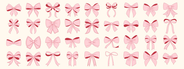 Ribbon bow set. Simple hand drawn bowknots. Trendy coquette aesthetic