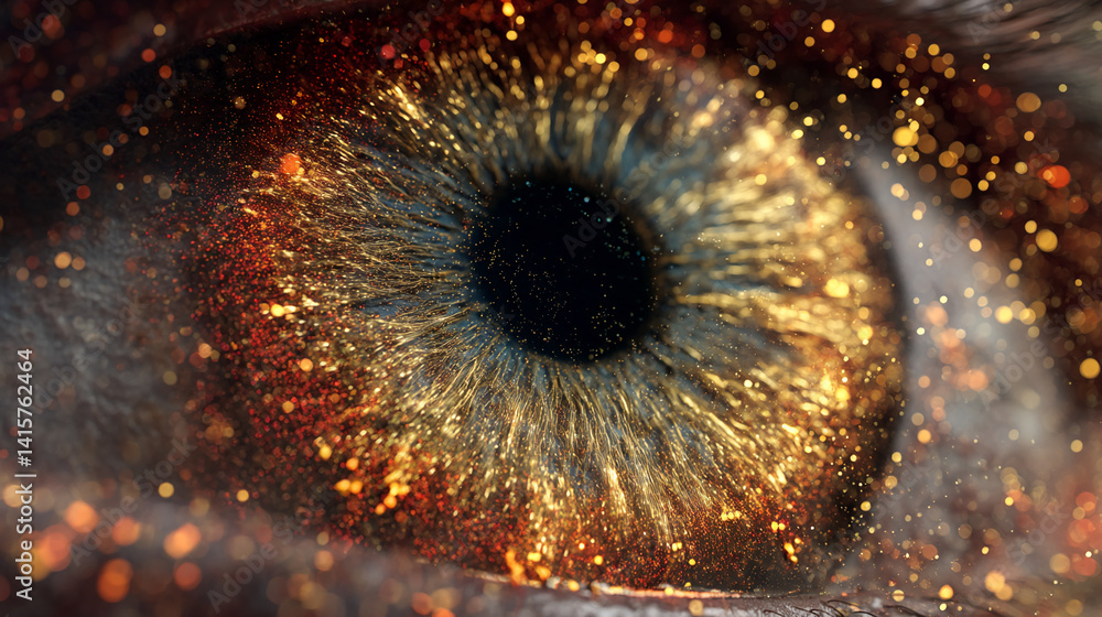Poster close-up of eye texture with gold and red sparkles, creating a vibrant and energetic appearance symb