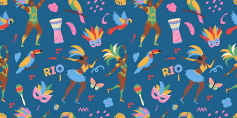 Traditional Brazil carnival. Seamless pattern with masks, bird, dancing people in costume, doodle elements.