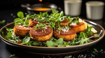 Fototapeta premium Plated fried cakes with green garnish
