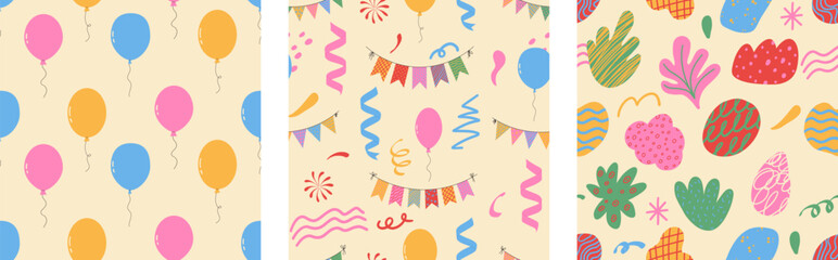 Buntings , balloons, organic shapes seamless pattern. Collection for birthday, carnival and party. © MandarinkaArt