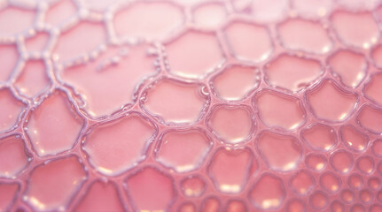 Soft pink cells float in an abstract microscopic space, revealing the elegance of organic design. Their subtle textures and glowing forms suggest life at its most fundamental level. 