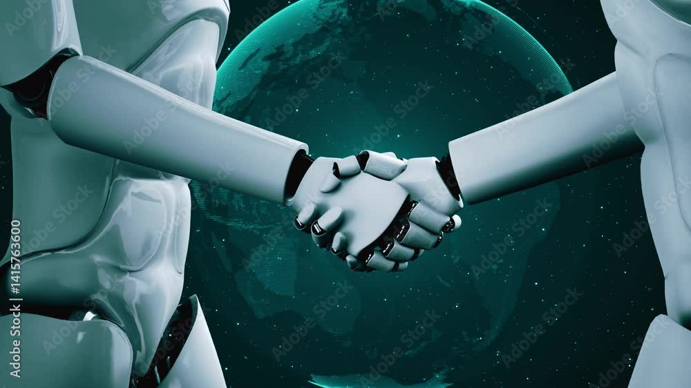 Poster 3d rendering hominoid robot handshake to collaborate future technology development by ai thinking br