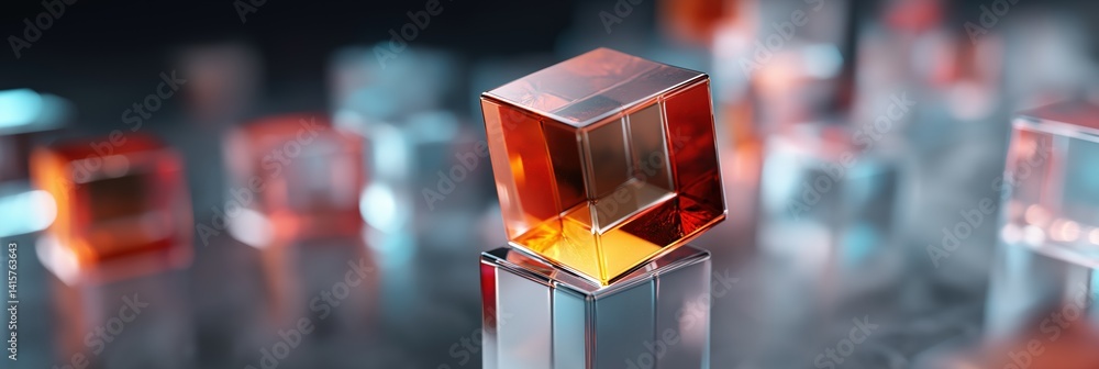 Poster a close up of a cube with a red cube on top of it. the cubes are made of clear glass and are arrange