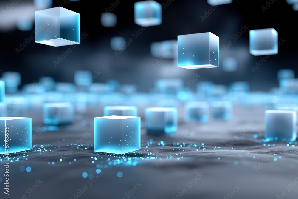 Poster a computer generated image of many blue cubes floating in the air. the cubes are all different sizes