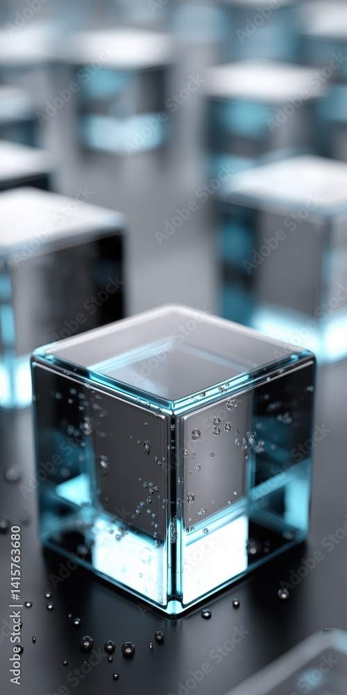Poster a close up of a cube with a blue and white design. the cube is surrounded by other cubes, creating a