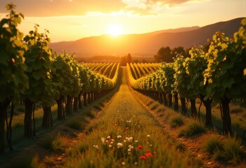 Fototapeta premium vineyard row golden sunset glow grape vines nature landscape tranquil serenity countryside harvest vineyard horizon, field, flora, sky, eve, light, plantation