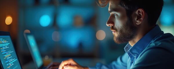 Bearded man works on laptop with computer code at night. Developer writes software. Programmer online. specialist at home. Programmer studies digital courses for career, pro development, training.