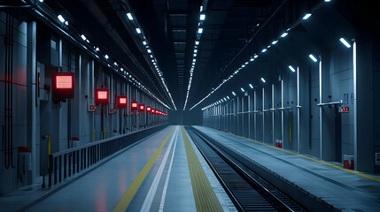 Naklejka premium Modern Subway Tunnel Platform Interior With Red Lights