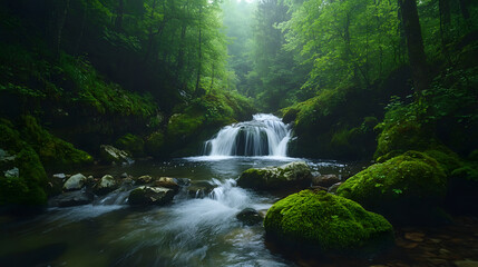 A serene summer waterfall nestled deep in a mountain forest, with the clear water tumbling over moss-covered rocks.