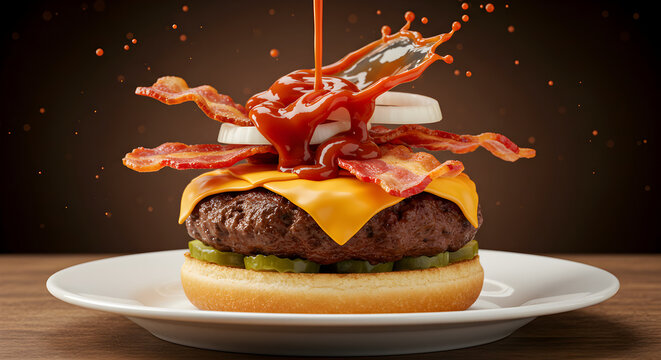  BBQ sauce pouring and splashing onto an open-faced cheeseburger with bacon, onion, and pickles on a white plate. - Powered by Adobe